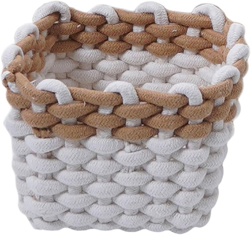 Brown White Woven Basket Desktop Organizer For Toys Cosmetics Living Room Closet - Image 1