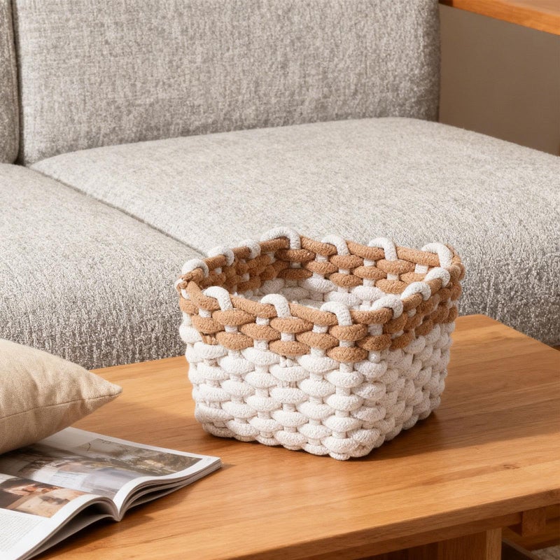 Brown White Woven Basket Desktop Organizer For Toys Cosmetics Living Room Closet - Image 4
