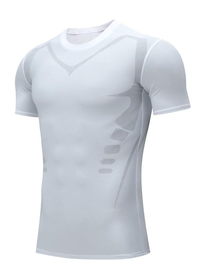 قميص ضاغط للرجال بأكمام قصيرة، قميص وظيفي سريع الجفاف، قميص للجيم القصير، قميص سباق نسيج مسامي (أبيض) - Image 1