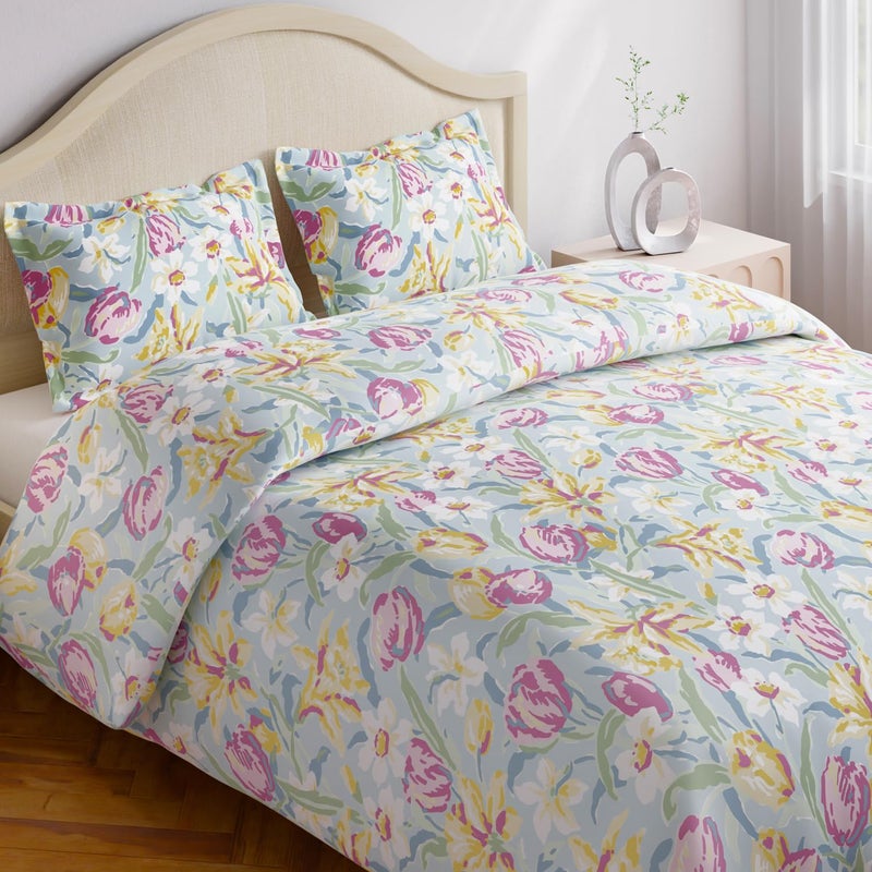 haus & kinder Bedsheet for Double Bed King Size 186 TC Pure Cotton Floral 108 * 108 Inches Bedsheets for King Size Bed with 2 Pillow Covers - Tulip Meadow, Blue - Image 5