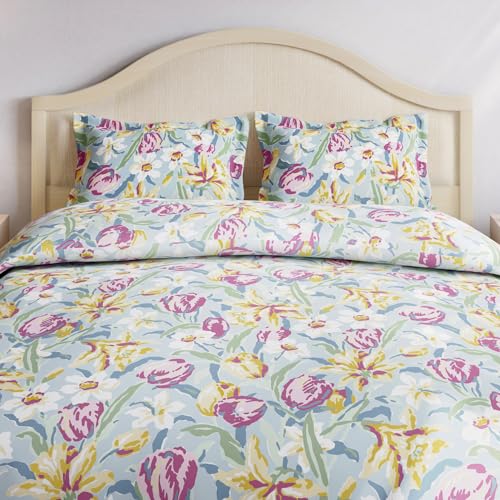 haus & kinder Bedsheet for Double Bed King Size 186 TC Pure Cotton Floral 108 * 108 Inches Bedsheets for King Size Bed with 2 Pillow Covers - Tulip Meadow, Blue - Image 3