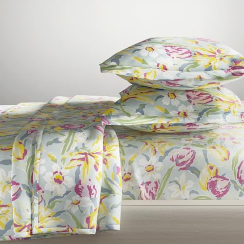 haus & kinder Bedsheet for Double Bed King Size 186 TC Pure Cotton Floral 108 * 108 Inches Bedsheets for King Size Bed with 2 Pillow Covers - Tulip Meadow, Blue - Image 4