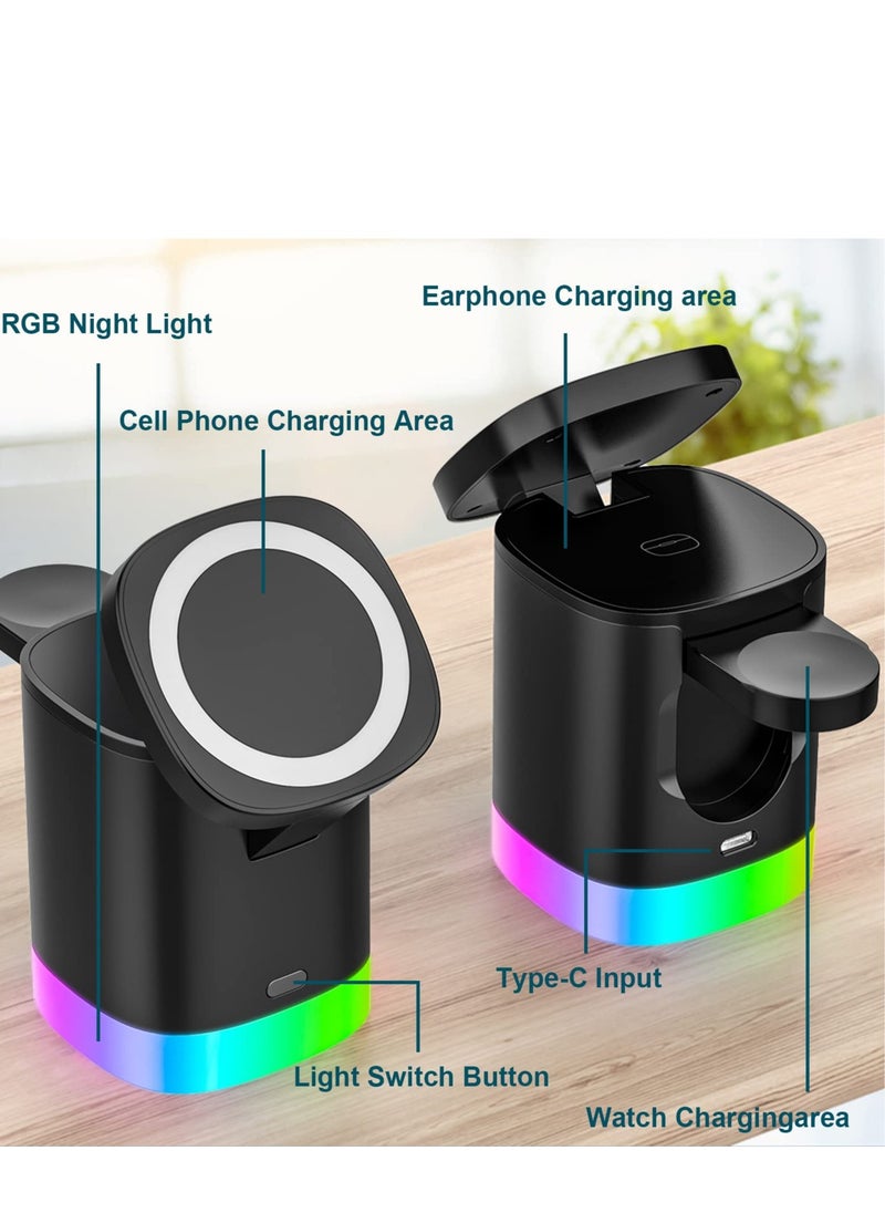 SYOSI - Magnetic Wireless Charger 4 in 1-15W Wireless Charging Station for Multiple Devices,Mag-Safe Charger Stand for iPhone 12 13 Pro/Max/Mini, AirPods, Apple Watch, Wireless Charging with RGB Night Light - Image 1