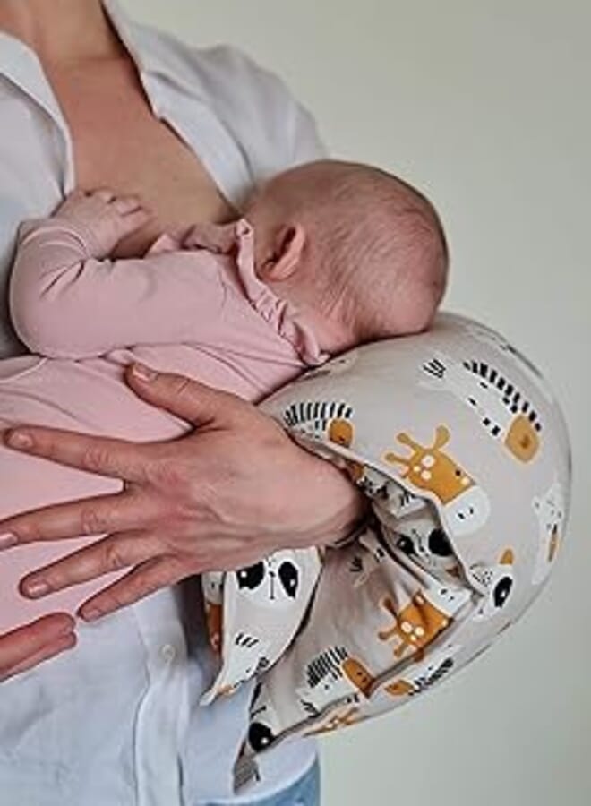 Linen Kid pillow baby nursing breastfeeding pillow for newborns arm cushion baby support pillow with antiallergic material used by mom while breastfeeding (Beige Animals) 