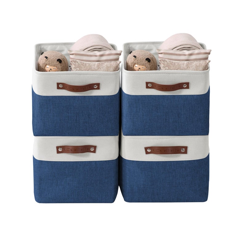 DECOMOMO Storage Bins Fabric Storage Baskets for Shelves Linen Closet Organization Toys Nursery Navy Blue and White Large  4 Pack