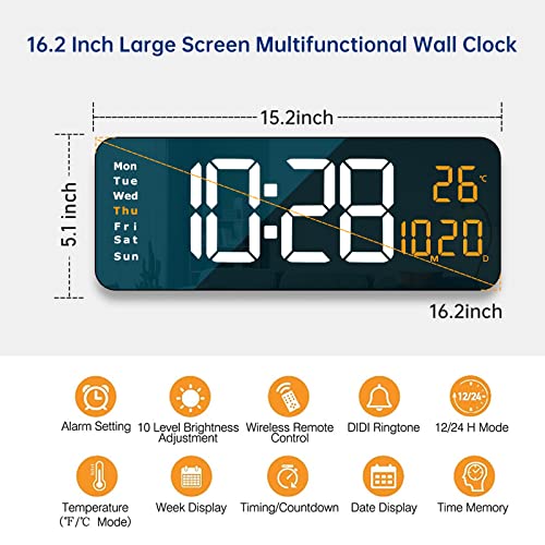 YISILE Digital Wall Clock Large Display, 16.2" Large Digital Wall Clock with LED Display Remote Control, Automatic Brightness Dimmer Big Clock with Date Week Temperature（White） - Image 3