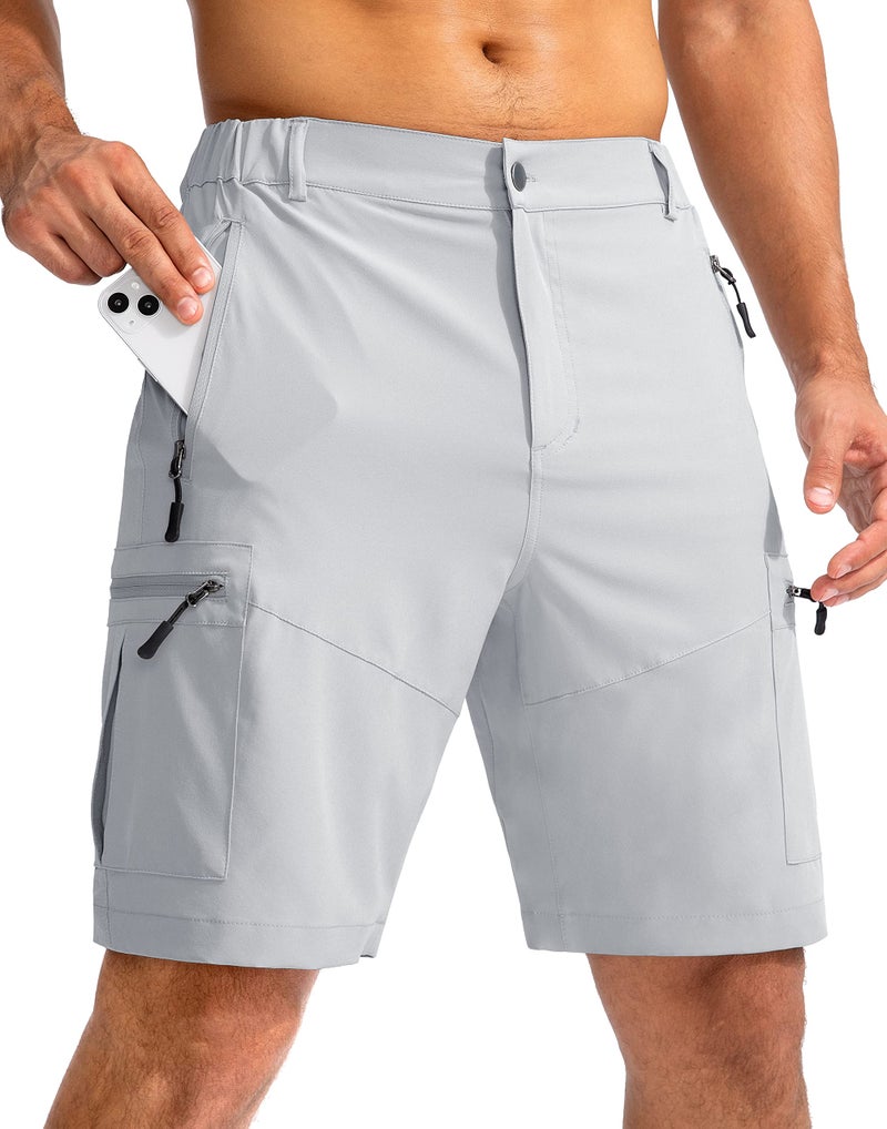 Pudolla Men's Hiking Cargo Shorts 9" Lightweight Outdoor Work Shorts for Men Travel Golf Camping Casual with 5 Zipper Pockets(Bright Grey Large) - Image 1