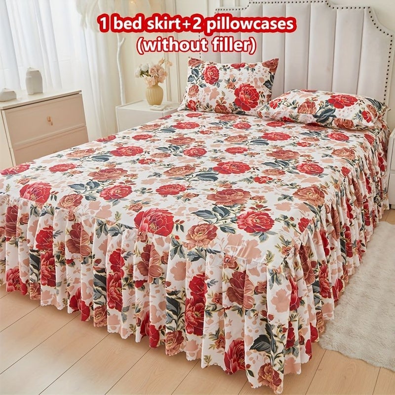 3pcs Vibrant Red Peony Printed Bedding Set Bed Sheet Skirt National Beauty Mudan Color Noctilucent Design 1 Duvet Cover 2 Pillowcases Tie Back Lace Trim Pleated Hem No Inserts Soft Comfortable Easy Remove Mattress Protector For Bedroom Ambiance 7874 X 8661 Inches - Image 1