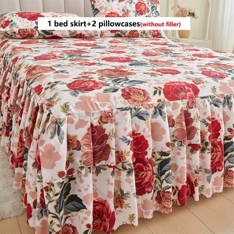 3pcs Vibrant Red Peony Printed Bedding Set Bed Sheet Skirt National Beauty Mudan Color Noctilucent Design 1 Duvet Cover 2 Pillowcases Tie Back Lace Trim Pleated Hem No Inserts Soft Comfortable Easy Remove Mattress Protector For Bedroom Ambiance 7874 X 8661 Inches - Image 5