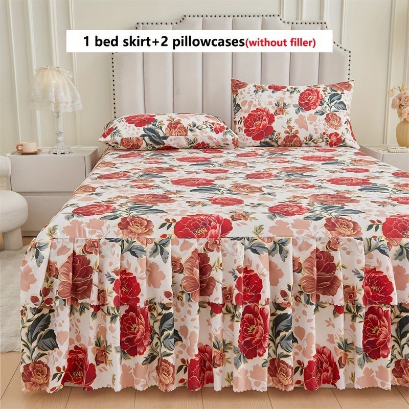 3pcs Vibrant Red Peony Printed Bedding Set Bed Sheet Skirt National Beauty Mudan Color Noctilucent Design 1 Duvet Cover 2 Pillowcases Tie Back Lace Trim Pleated Hem No Inserts Soft Comfortable Easy Remove Mattress Protector For Bedroom Ambiance 7874 X 8661 Inches - Image 4