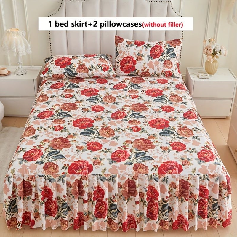 3pcs Vibrant Red Peony Printed Bedding Set Bed Sheet Skirt National Beauty Mudan Color Noctilucent Design 1 Duvet Cover 2 Pillowcases Tie Back Lace Trim Pleated Hem No Inserts Soft Comfortable Easy Remove Mattress Protector For Bedroom Ambiance 7874 X 8661 Inches - Image 2