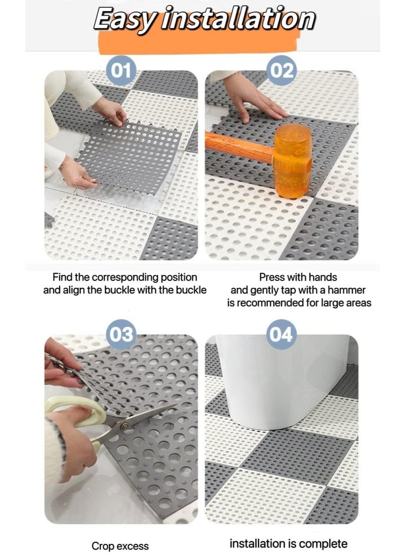 DUNISO 12 Pack Interlocking Non Slip Drainage Floor Tiles，PVC Bath Shower Floor Mat，Square Splicing Bathroom Mat with Drain Holes，Sturdy and Durable，for Bathroom, Kitchen, Pool, Wet Areas，30x30cm，Grey+White - Image 5