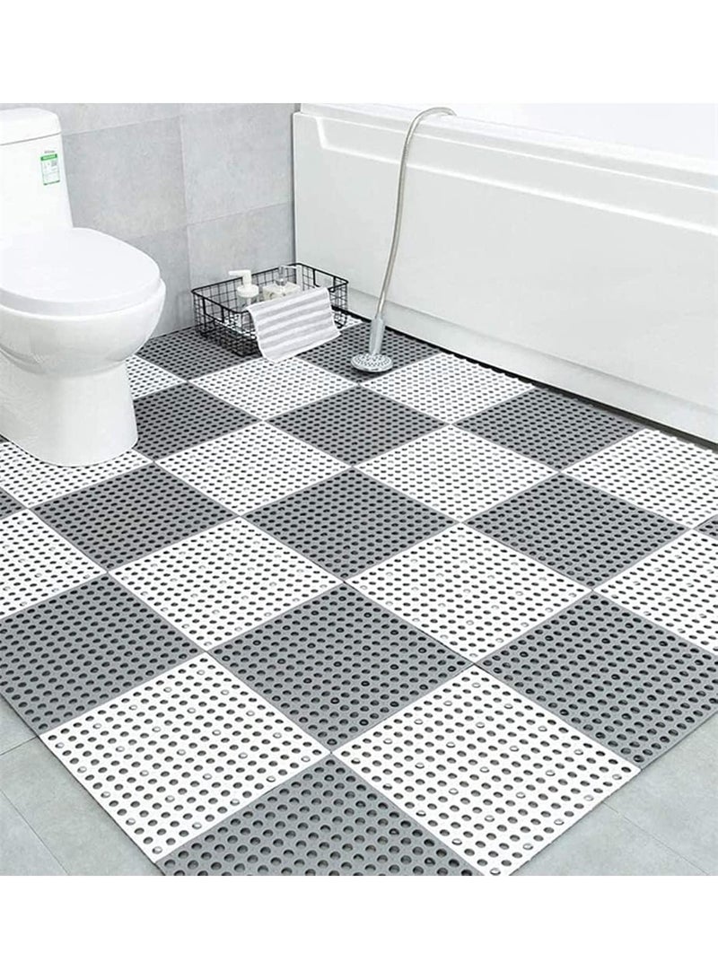 DUNISO 12 Pack Interlocking Non Slip Drainage Floor Tiles，PVC Bath Shower Floor Mat，Square Splicing Bathroom Mat with Drain Holes，Sturdy and Durable，for Bathroom, Kitchen, Pool, Wet Areas，30x30cm，Grey+White - Image 1