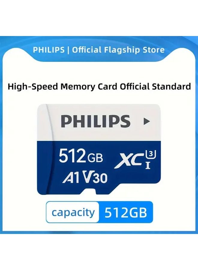 فيليبس 512 جيجابايت بطاقة مايكرو إس دي 130 ميجابايت/ثانية UHS I V30 فئة 10 للتسجيل بدقة 4K للكاميرات والطائرات بدون طيار - Image 1