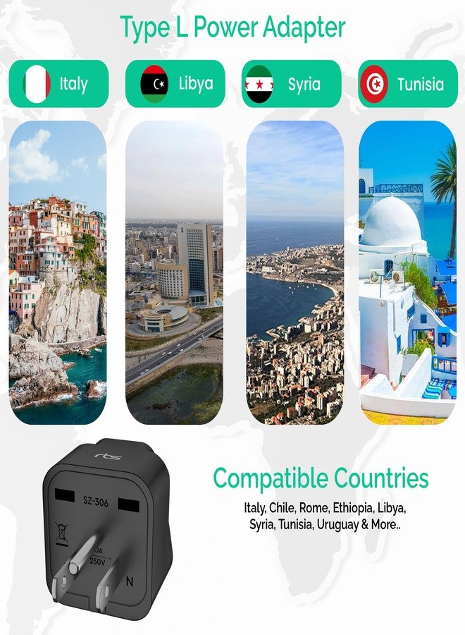 rts Italy Travel Plug Adapter, Chile Rome Ethiopia Libya Syria Tunisia Uruguay Universal Travel Plug Adapter Travel Essential (Type L - 5 Pack) for Cell Phones Laptops Camera Chargers iPhone Tablets More - Image 5