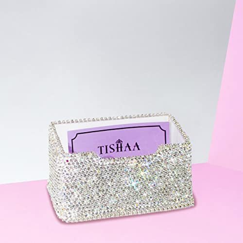 TISHAA Business Card Holder Stand - Bling Name Cards Office Desk Desktop Table Top Organizer Luxury Display Pocket Case Accessories White Crystal Rhinestone Glitter (White) - Image 3