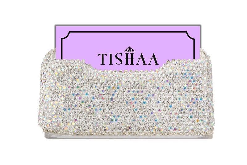 TISHAA Business Card Holder Stand - Bling Name Cards Office Desk Desktop Table Top Organizer Luxury Display Pocket Case Accessories White Crystal Rhinestone Glitter (White) - Image 5