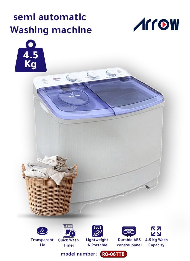 Arrow - 4.5KG Twin Tub Semi-Automatic Washing Machine, Quick-and-Easy Installation, White Color | Model Name: RO-06TTB - Image 1
