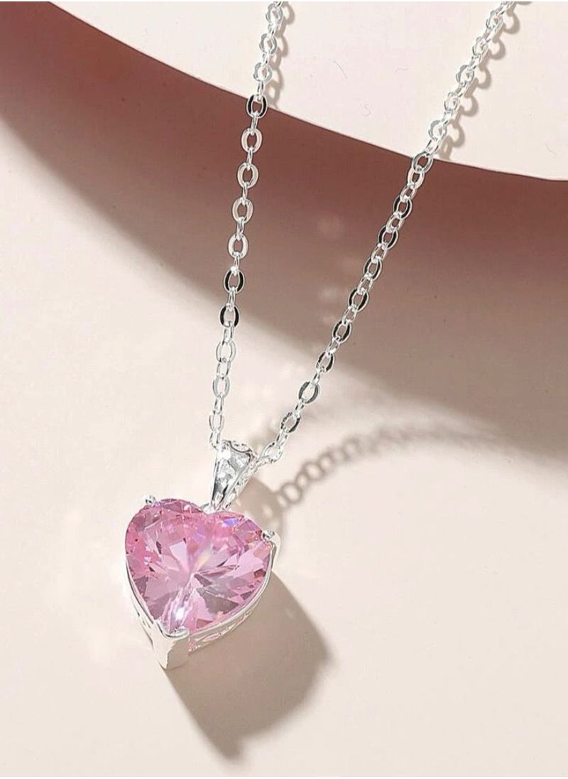 Noon-chi - 925 Silver Plated Necklace With Pink Heart - Image 1