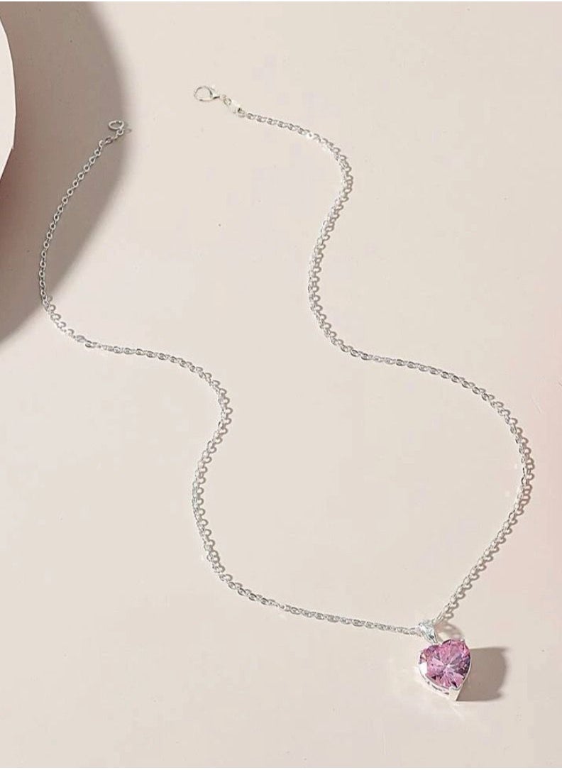 Noon-chi - 925 Silver Plated Necklace With Pink Heart - Image 1