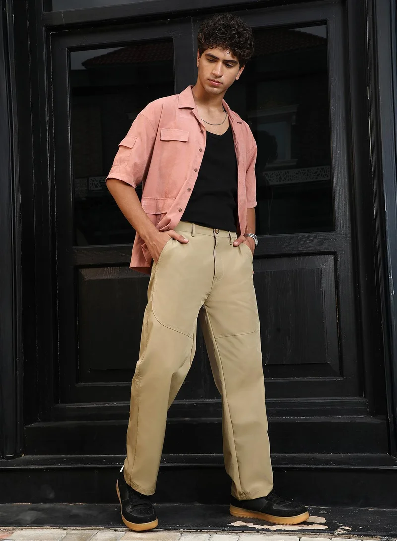 CAHOOT  Men's Sand Beige Panelled Straight-Fit Trousers for Men | Best Price UAE