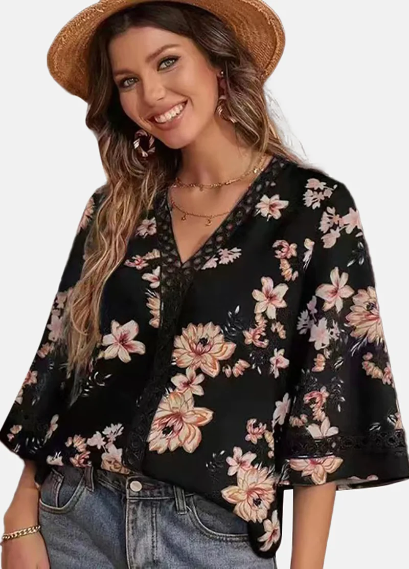 YUNIQEE Black Floral Three-Fourth Round Neck Tunics