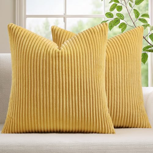 Mecatny Corduroy Summer Decorative Throw Pillow Covers 18x18 Set of 2 for Sofa Living Room Soft Neutral Boho Couch Pillow Covers for Home Decor Mustard Yellow - Image 1