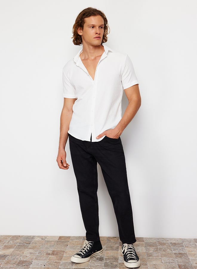 trendyol White Regular Fit Short Sleeve Summer Textured Crepe Knit Shirt TMNSS23GO00055  - Image 2