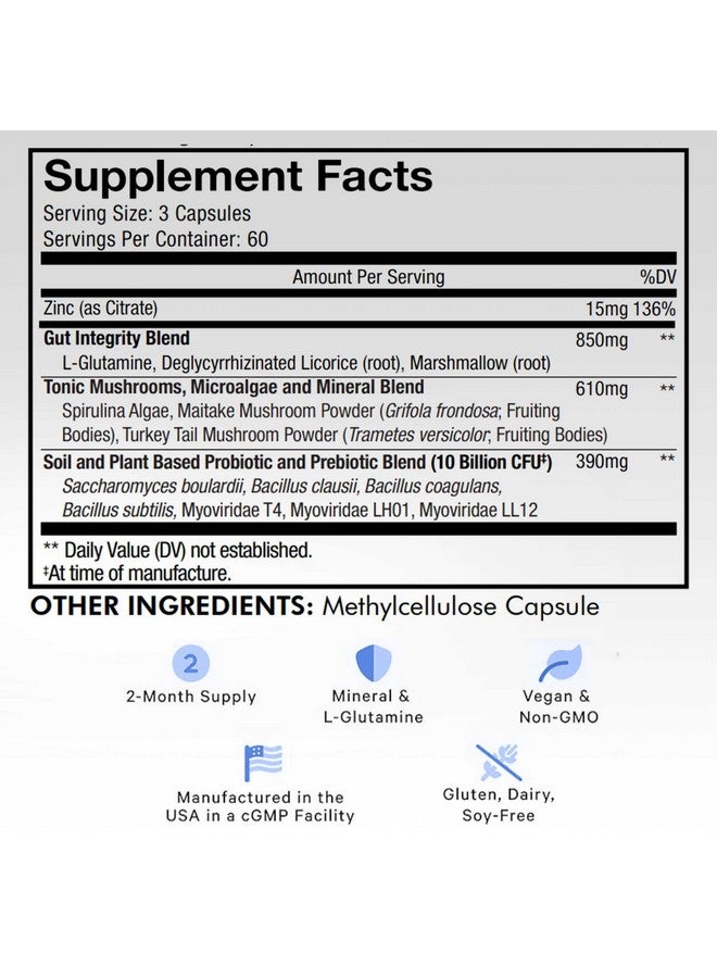 Codeage Gut Health Supplements Vegan Formula - L Glutamine, Zinc, Turkey Tail Mushroom Powder, Tonic Mushroom, Maitake, Micro Algae, Mineral, Licorice Root DGL - Probiotics, Prebiotics - 180 Capsules - Image 1