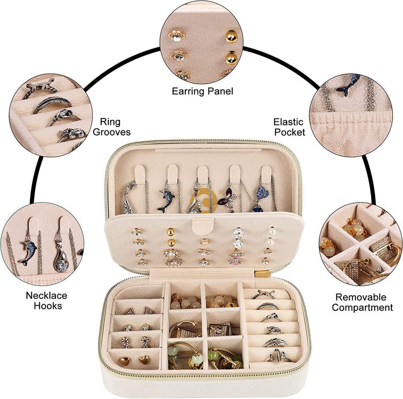 OCEANEVO Velvet Jewellery Box for Women, Travel Earrings Organiser Box, Portable Jewellery Box Organisers for Rings, Earrings, Bracelets, Necklaces - 16 x 11 x 5 CM - Beige - 2 Layer - Image 3