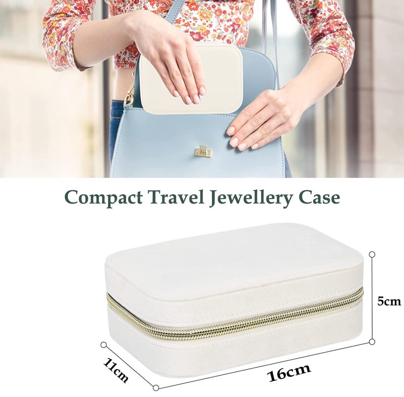OCEANEVO Velvet Jewellery Box for Women, Travel Earrings Organiser Box, Portable Jewellery Box Organisers for Rings, Earrings, Bracelets, Necklaces - 16 x 11 x 5 CM - Beige - 2 Layer - Image 2
