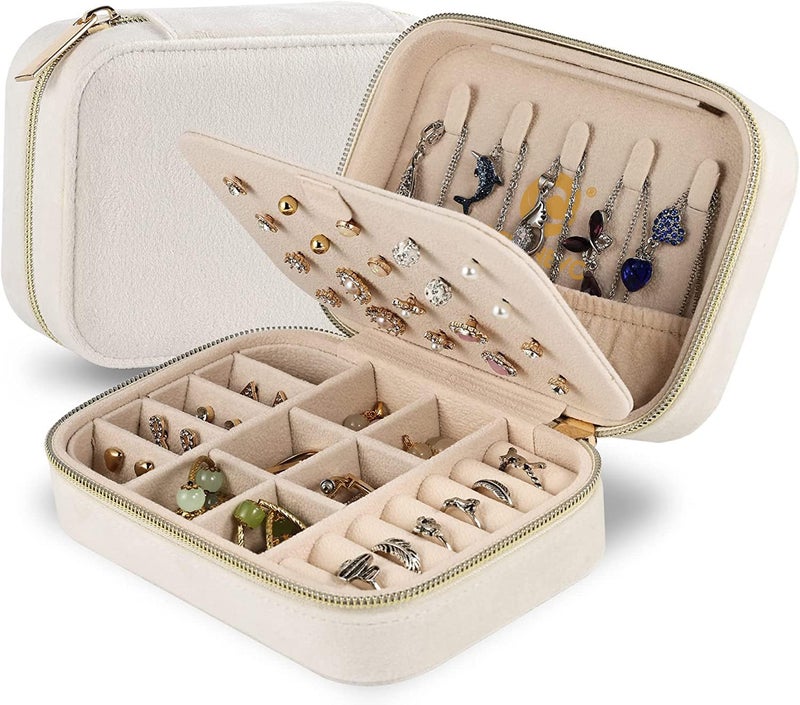 OCEANEVO Velvet Jewellery Box for Women, Travel Earrings Organiser Box, Portable Jewellery Box Organisers for Rings, Earrings, Bracelets, Necklaces - 16 x 11 x 5 CM - Beige - 2 Layer - Image 1
