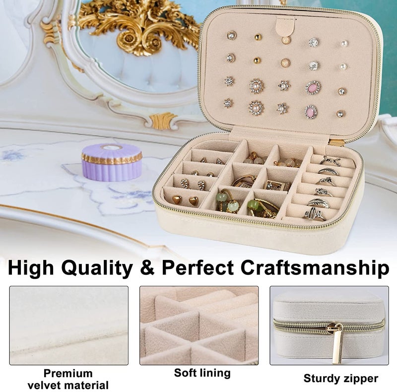 OCEANEVO Velvet Jewellery Box for Women, Travel Earrings Organiser Box, Portable Jewellery Box Organisers for Rings, Earrings, Bracelets, Necklaces - 16 x 11 x 5 CM - Beige - 2 Layer - Image 4
