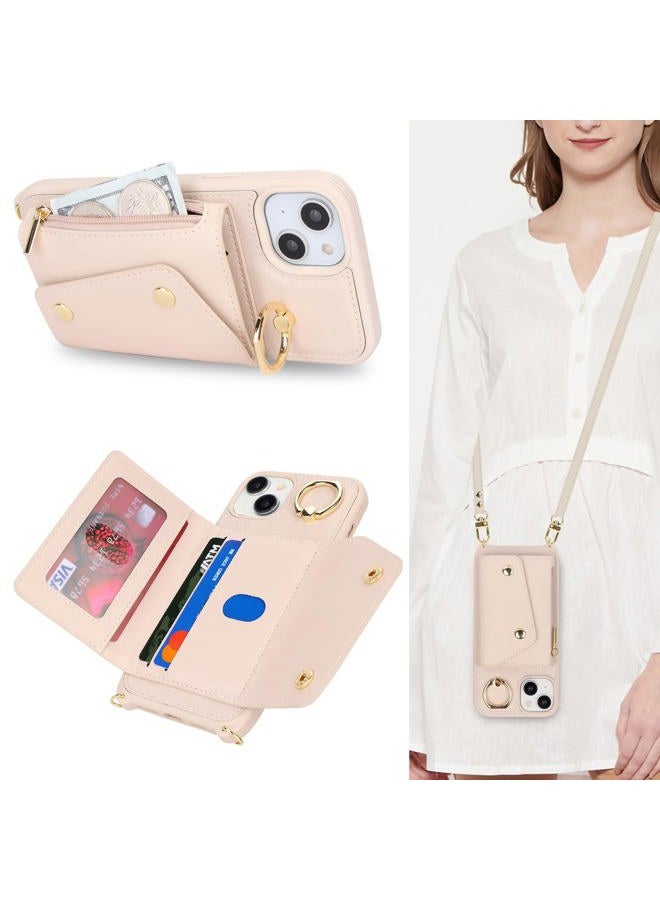 Lipvina iPhone 15 Case with Lanyard Card Holder Case iPhone 15 Zipper Wallet Female Mobile Phone Adjustable Necklace Cover Case with Ring for Women - White - Image 1