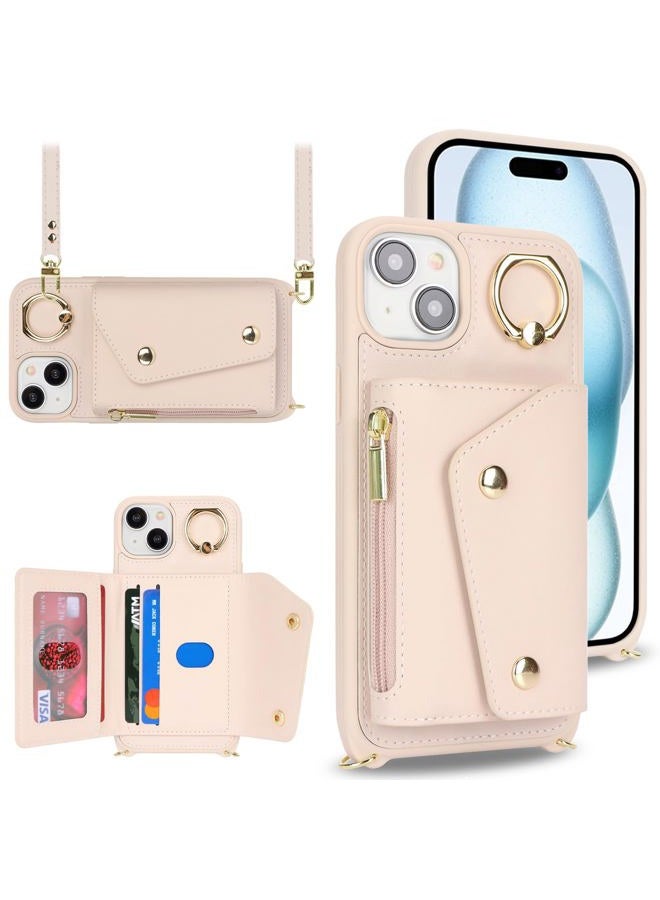 Lipvina iPhone 15 Case with Lanyard Card Holder Case iPhone 15 Zipper Wallet Female Mobile Phone Adjustable Necklace Cover Case with Ring for Women - White - Image 2