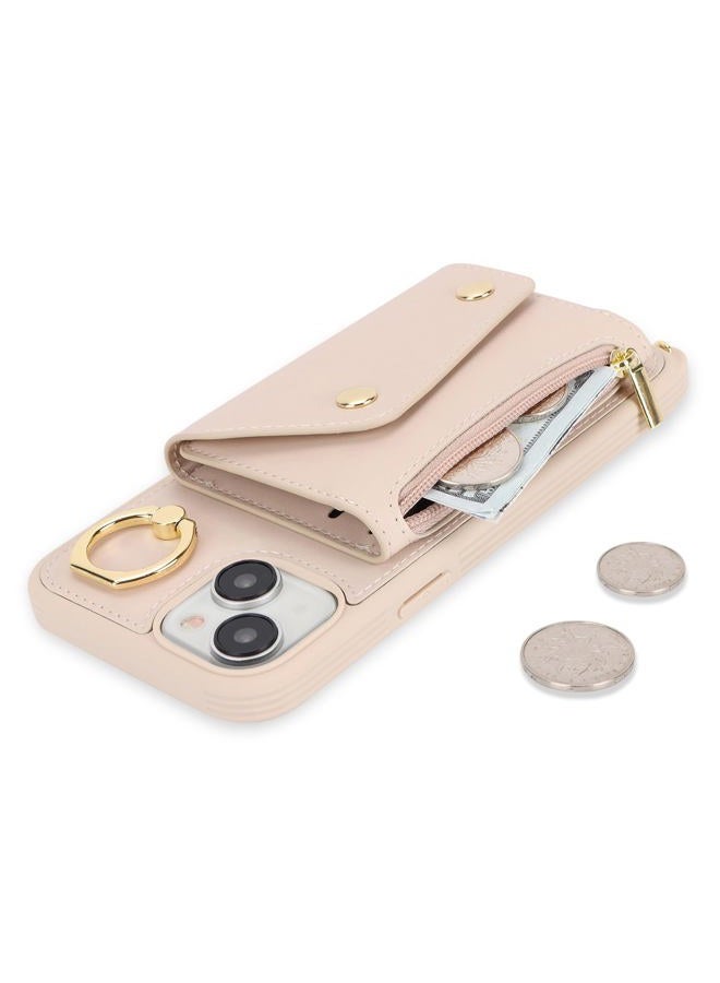 Lipvina iPhone 15 Case with Lanyard Card Holder Case iPhone 15 Zipper Wallet Female Mobile Phone Adjustable Necklace Cover Case with Ring for Women - White - Image 3