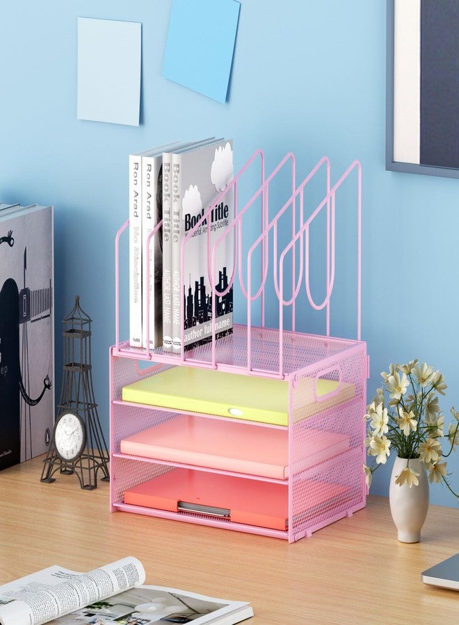 Marbrasse Desk Organizer,4-Tier Mesh Desk File Organizer,Desk Organizer Tray with 5 Vertical File Holder ，Desk Paper Organizer with Handle for Home Office (New vertical holder-Pink) - Image 5