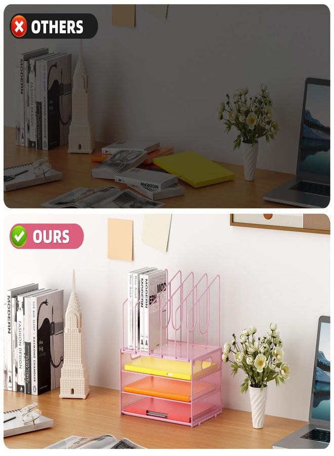 Marbrasse Desk Organizer,4-Tier Mesh Desk File Organizer,Desk Organizer Tray with 5 Vertical File Holder ，Desk Paper Organizer with Handle for Home Office (New vertical holder-Pink) - Image 4