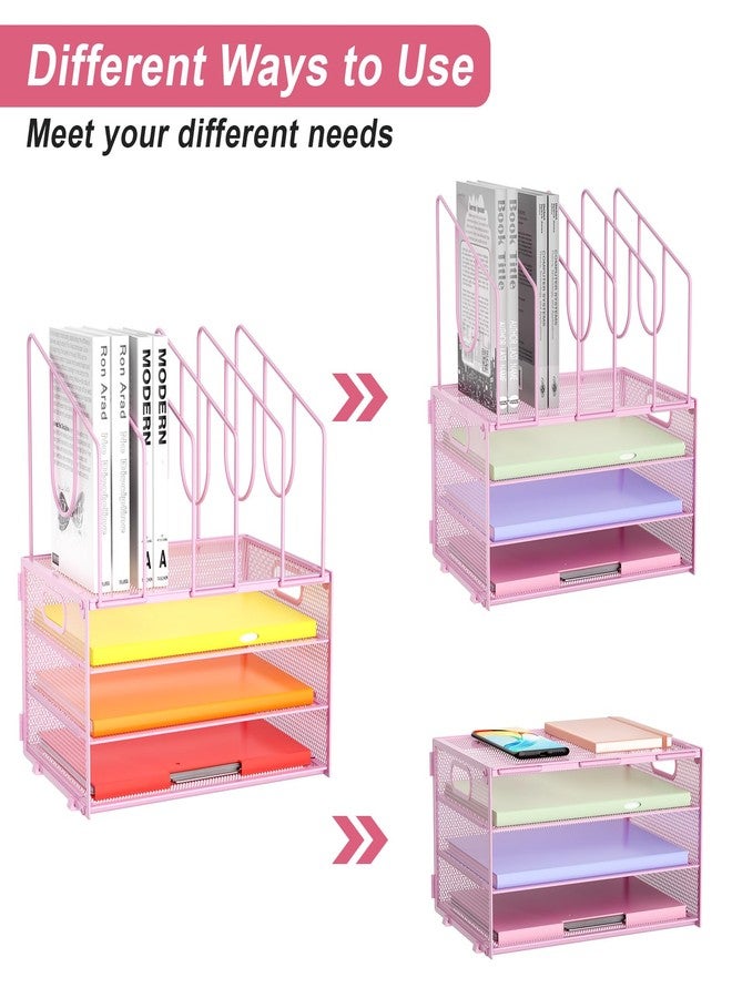 Marbrasse Desk Organizer,4-Tier Mesh Desk File Organizer,Desk Organizer Tray with 5 Vertical File Holder ，Desk Paper Organizer with Handle for Home Office (New vertical holder-Pink) - Image 2