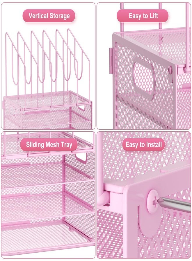 Marbrasse Desk Organizer,4-Tier Mesh Desk File Organizer,Desk Organizer Tray with 5 Vertical File Holder ，Desk Paper Organizer with Handle for Home Office (New vertical holder-Pink) - Image 3