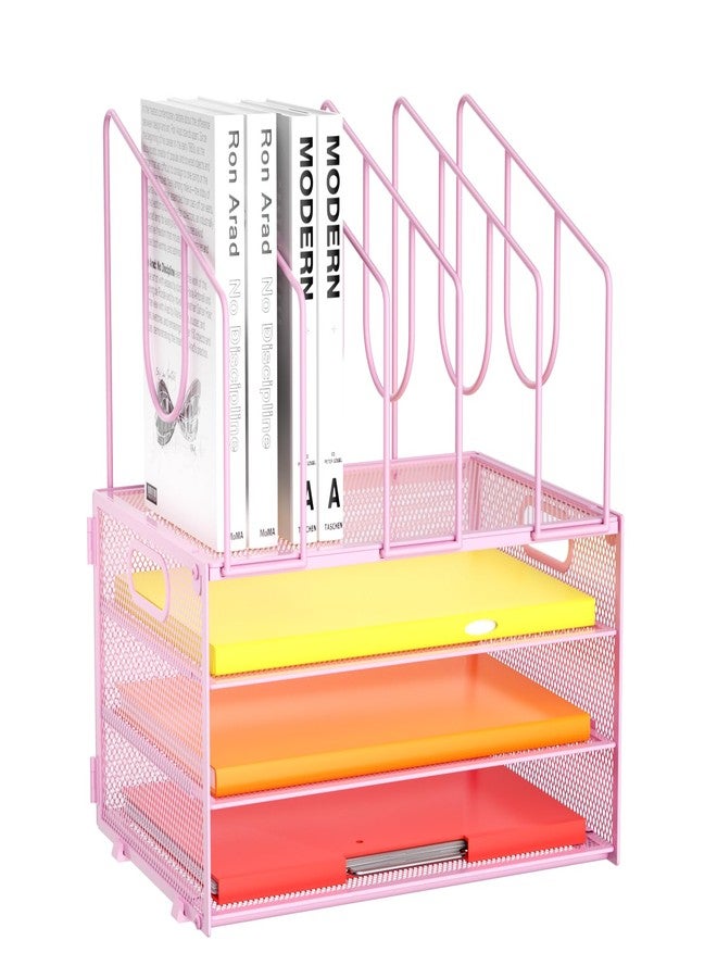 Marbrasse Desk Organizer,4-Tier Mesh Desk File Organizer,Desk Organizer Tray with 5 Vertical File Holder ，Desk Paper Organizer with Handle for Home Office (New vertical holder-Pink) - Image 1