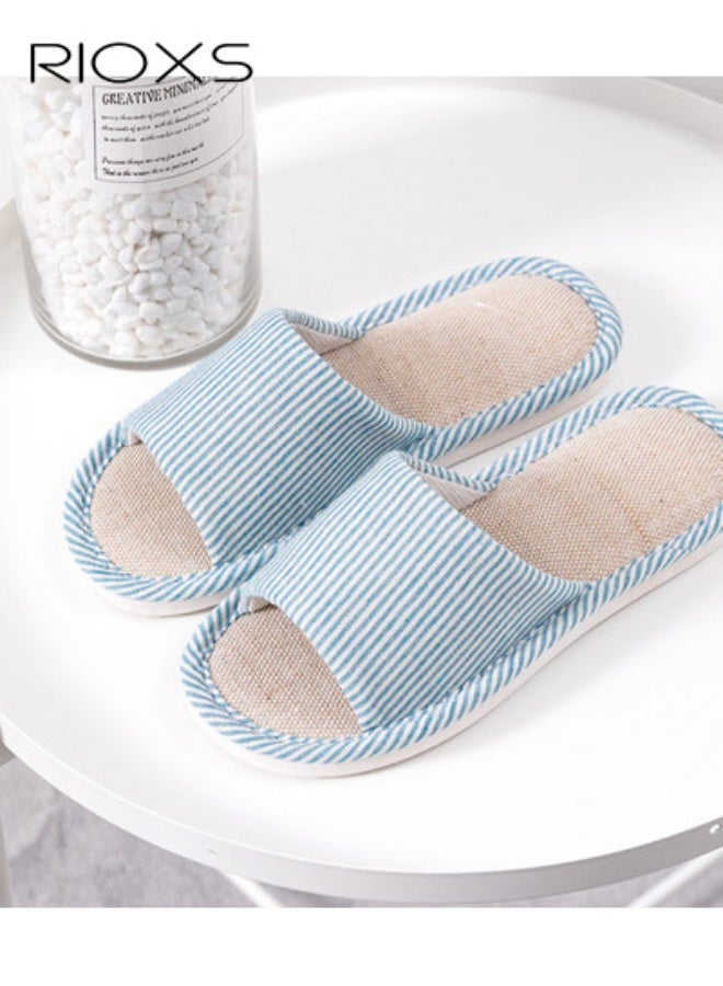 RIOXS Couple Slippers,Striped Cotton Open Toe Slippers For Men And Women,Unisex Anti-Slip Flat Sandal Slippers,Soft Breathable Linen Slippers,Open Toe Slippers For House/ Bedroom/ Living Room/ Indoor And Outdoor Use - Image 3