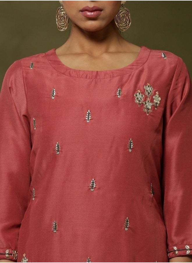 Abhishti - Embroidered straight kurta with solid straight pants and embroidered net dupatta-rose pink - Image 1