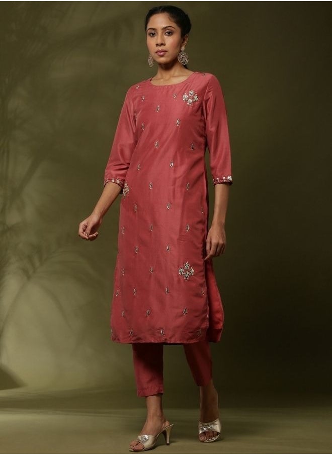 Abhishti - Embroidered straight kurta with solid straight pants and embroidered net dupatta-rose pink - Image 1