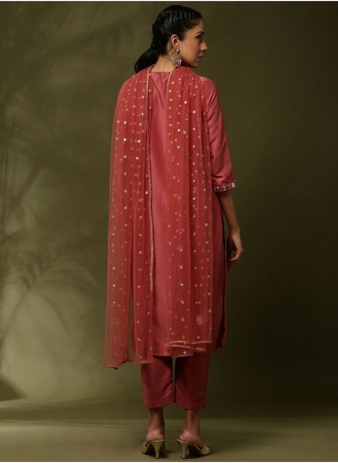 Abhishti - Embroidered straight kurta with solid straight pants and embroidered net dupatta-rose pink - Image 1