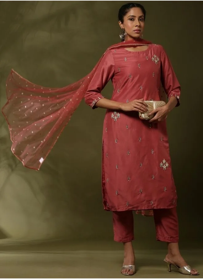 أبهشتي Embroidered straight kurta with solid straight pants and embroidered net dupatta-rose pink