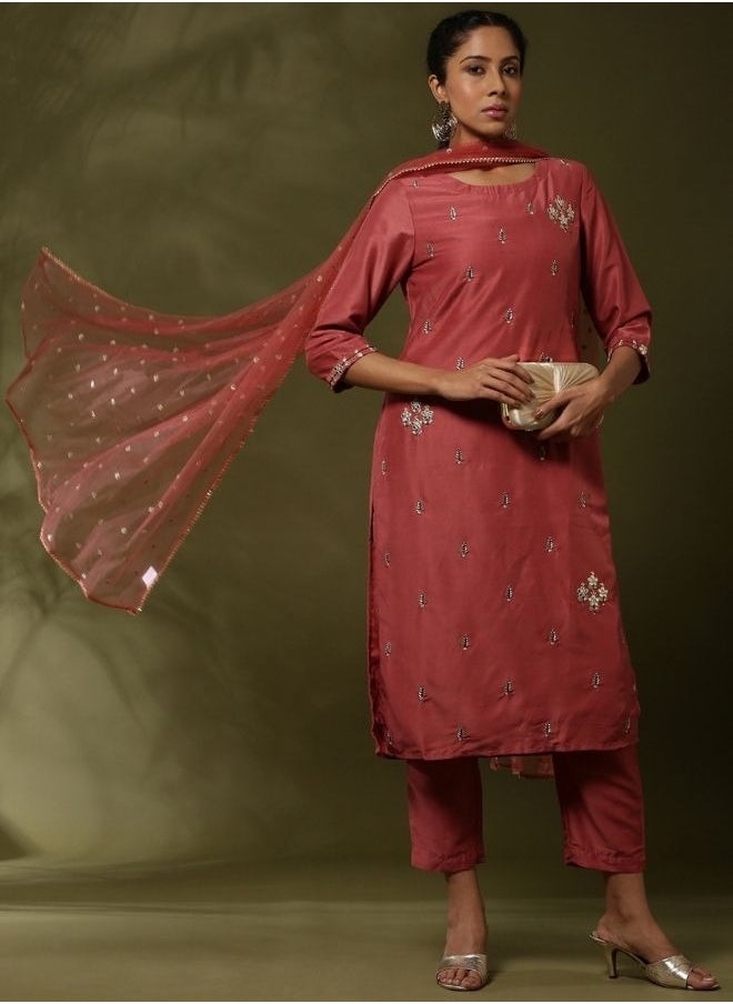 Abhishti - Embroidered straight kurta with solid straight pants and embroidered net dupatta-rose pink - Image 1