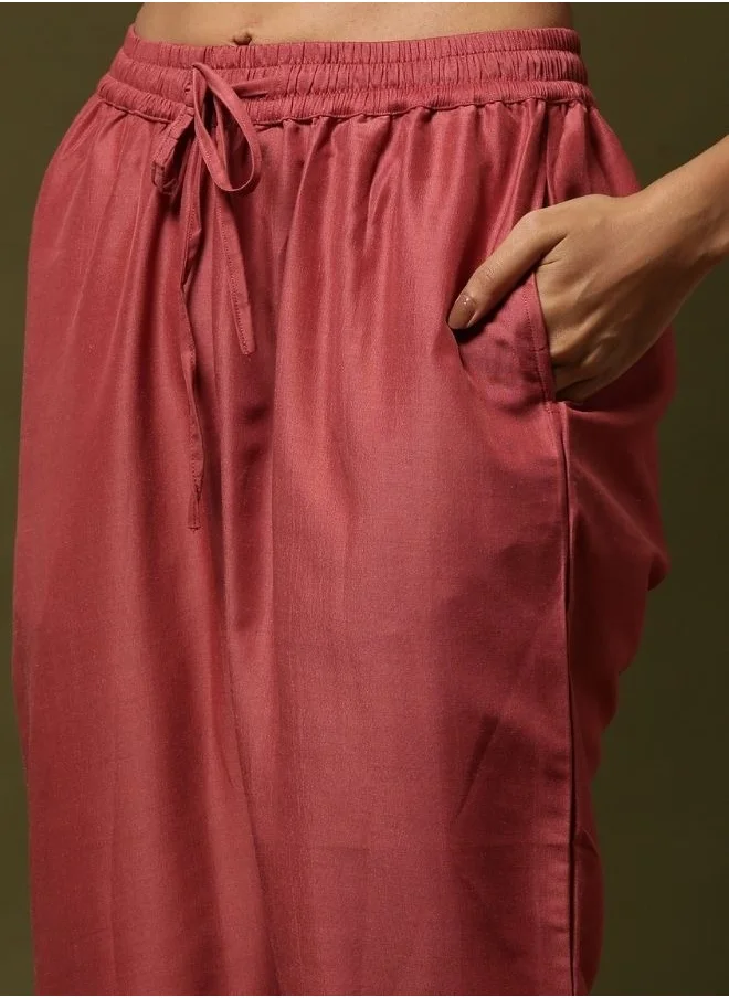 أبهشتي Embroidered straight kurta with solid straight pants and embroidered net dupatta-rose pink