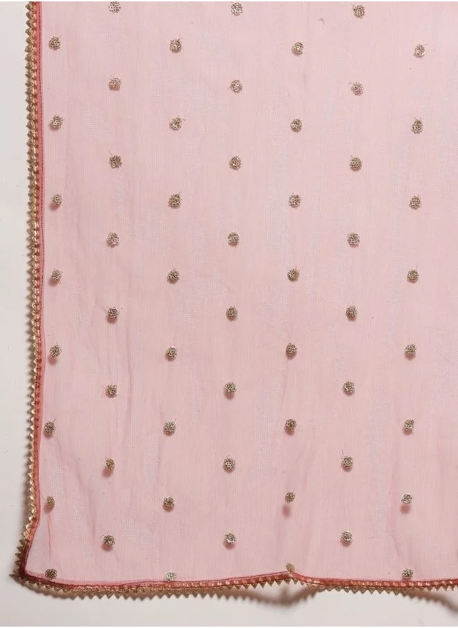 أبهشتي Embroidered straight kurta with solid straight pants and embroidered net dupatta-rose pink