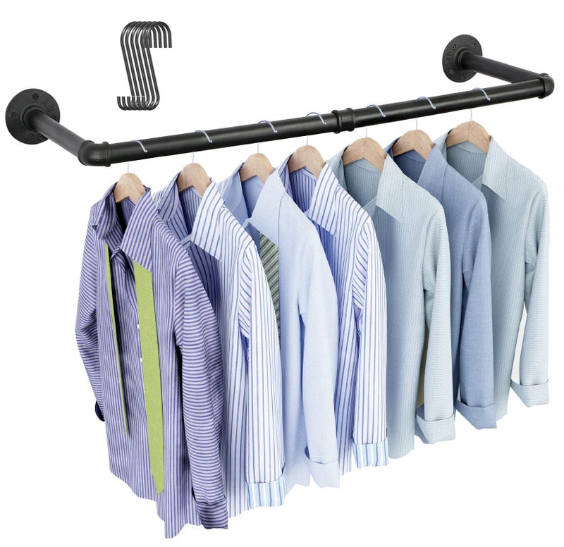 OROPY Industrial Pipe Clothing Rack 38.4", Heavy Duty Detachable Wall Mounted Clothes Rack Black Iron Garment Bar, Multi-purpose Hanging Rod for Closet Storage, Black (Two Base) - Image 1